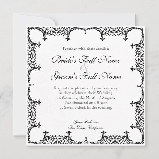 Invitation Noir et blanc Fleur de Lis Mariage damassé (Devant)