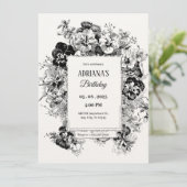 Invitation noir et blanc floral artistique anniversaire (Debout devant)