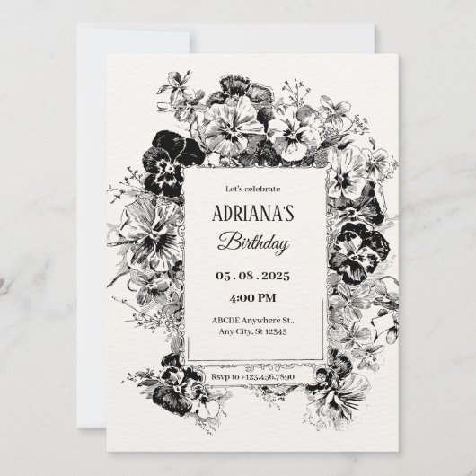 Invitation noir et blanc floral artistique anniversaire (Devant)