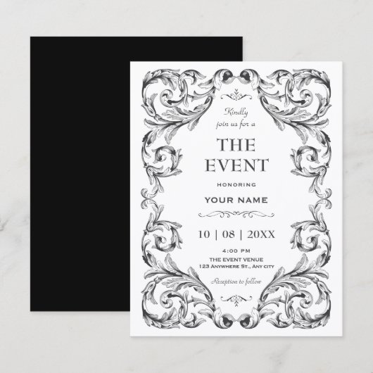 Invitation Noir et blanc Gothique Vintage (Devant / Derrière)