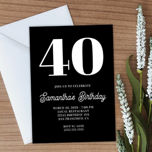 Invitation Noir et blanc Grand nombre 40e anniversaire