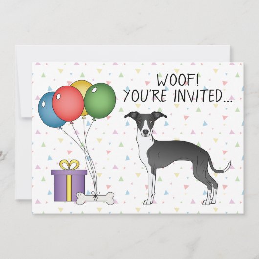 Invitation Noir et Blanc Italien Greyhound Chien Anniversaire (Devant)