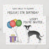 Invitation Noir et Blanc Italien Greyhound Chien Anniversaire (Devant / Derrière)