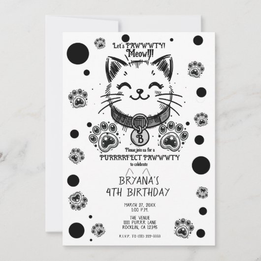 Invitation Noir et blanc Kitty Chat Kitten fête d'anniversair (Devant)