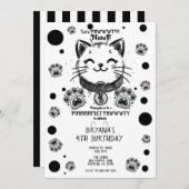 Invitation Noir et blanc Kitty Chat Kitten fête d'anniversair (Devant / Derrière)