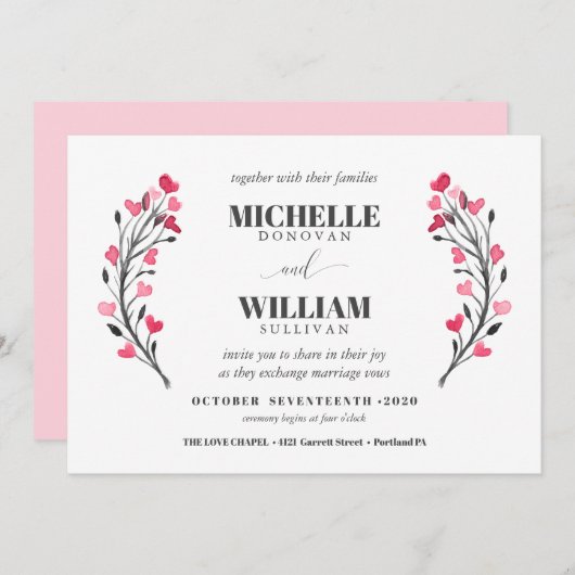 Invitation Noir et blanc | mariage floral moderne (Devant / Derrière)