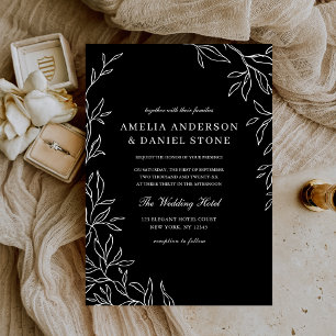 Invitation Noir et blanc minimaliste Mariage de feuille éléga