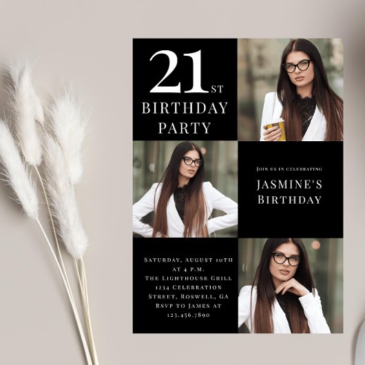 Invitation Noir et blanc moderne 3 photo 21e anniversaire