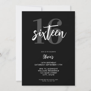 Invitation Noir et blanc moderne Elégant 16e anniversaire