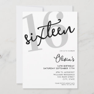 Invitation Noir et blanc moderne Elégant 16e anniversaire