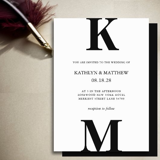 Invitation Noir et blanc moderne Gras Mariage Monogramme