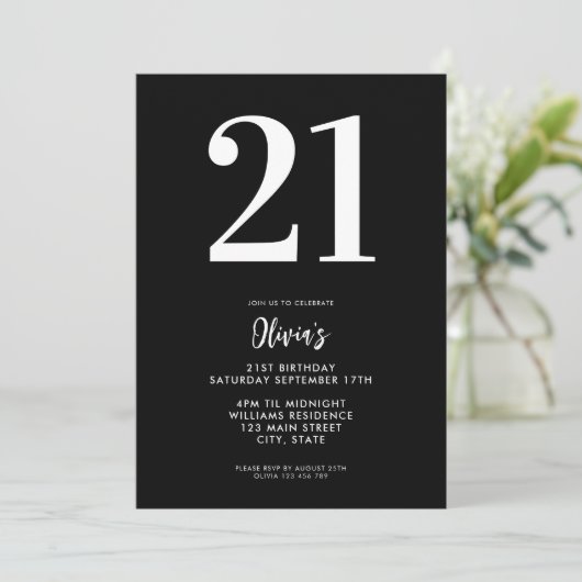 Invitation Noir et blanc moderne Minimal 21e anniversaire (Debout devant)