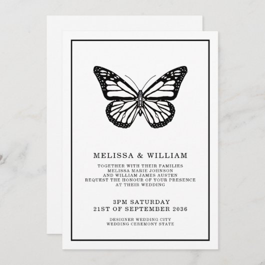 Invitation Noir et blanc | Papillon | MARIAGE (Devant / Derrière)