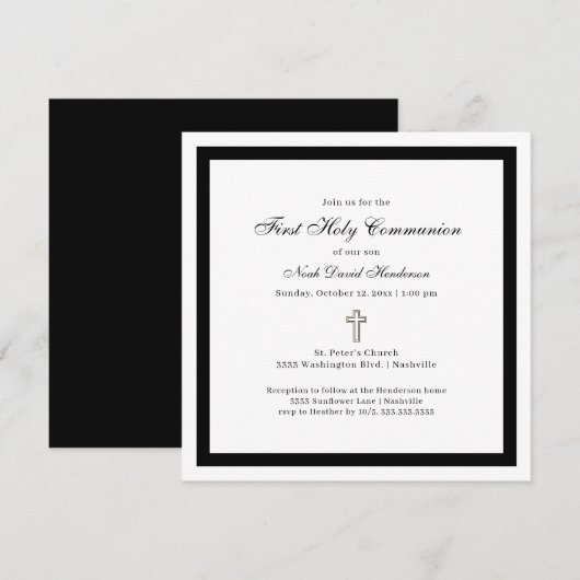 Invitation noir et blanc pour une première communi (Devant / Derrière)