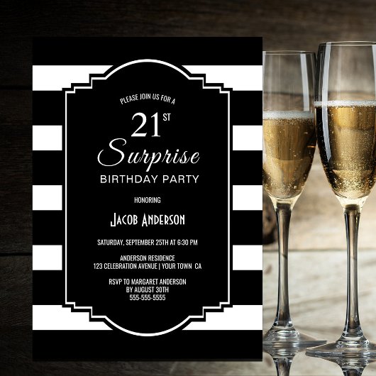 Invitation Noir et blanc rayé Surprise 21e anniversaire
