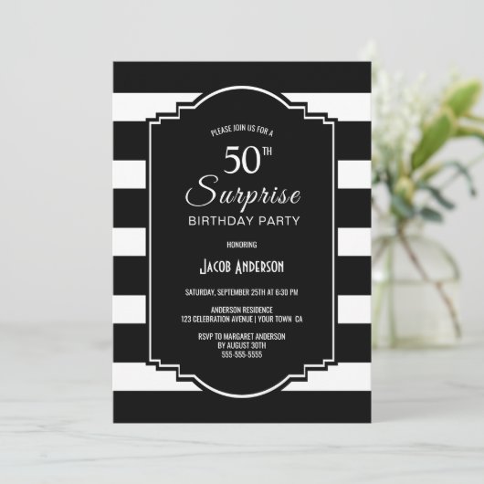 Invitation Noir et blanc rayé Surprise 50e anniversaire (Debout devant)