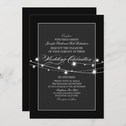 Invitation Noir et blanc scintillant lumières mariage moderne (Devant / Derrière)
