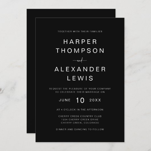 Invitation Noir et blanc Simple Mariage de typographie modern (Devant / Derrière)