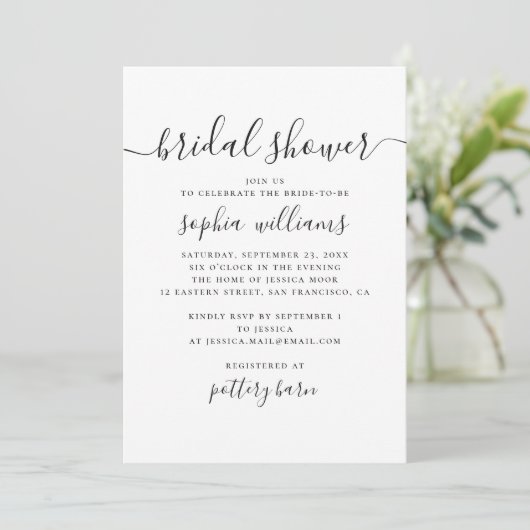 Invitation Noir et blanc simple script moderne douche nuptial (Debout devant)