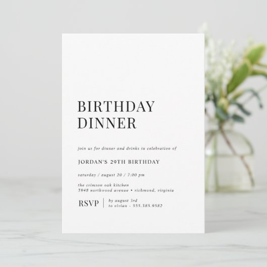 Invitation Noir et blanc simples | Dîner d'anniversaire moder (Debout devant)