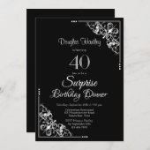 Invitation Noir et blanc Surprise Dîner du 40e anniversaire (Devant / Derrière)