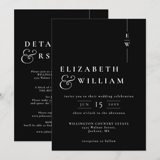 Invitation Noir Et Blanc Tout En Un Mariage Monogramme Modern (Devant / Derrière)