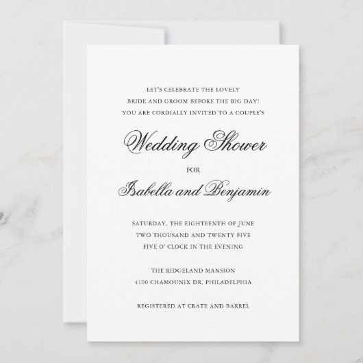 Invitation Noir et blanc traditionnel Elégant Mariage Douche (Devant)