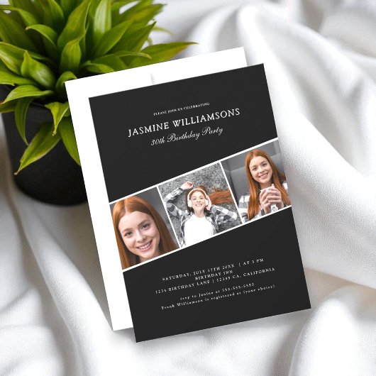 Invitation noir et blanc trois photo collage anniversaire