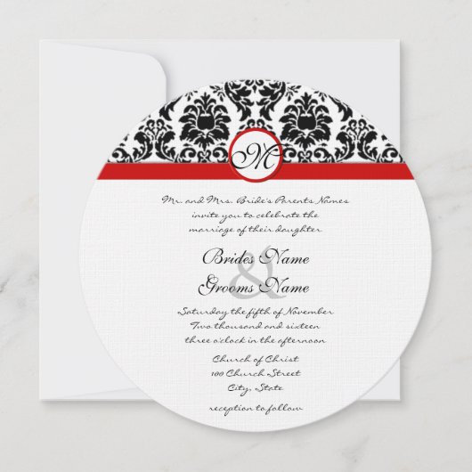 Invitation Noir et blanc Victorian Damask Red Trim Mariage (Devant)