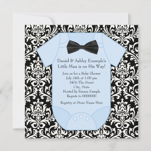 Invitation Noir et bleu Damask Baby Boy Douche (Devant)
