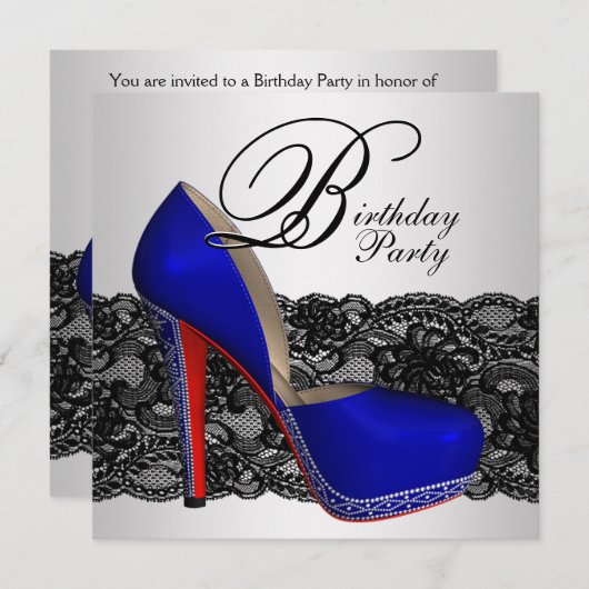 Invitation Noir et Bleu haute chaussure fête d'anniversaire (Devant / Derrière)