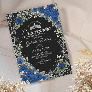 Invitation Noir et bleu royal Quinceañera papillon argenté