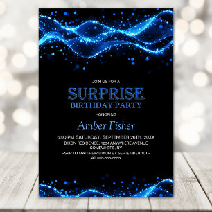 Invitation Noir et Bleu Surprise Tout âge Anniversaire