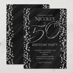 Invitation Noir et Faux Argent Paillettes Glam 50 50e Anniver