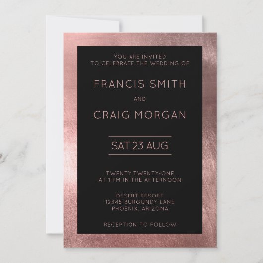 Invitation Noir et Faux Rose Gold Foil Mariage moderne (Devant)