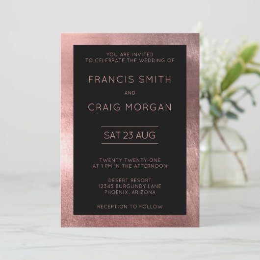 Invitation Noir et Faux Rose Gold Foil Mariage moderne (Debout devant)
