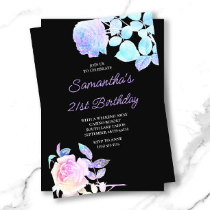 Invitation Noir et floral iridescent 21e anniversaire