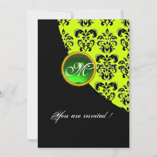 Invitation NOIR ET JAUNE DAMASK MONOGRAM, vert émeraude