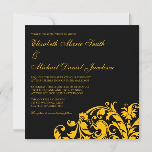 Invitation Noir et mariage de remous de Flourish d'or (Devant)