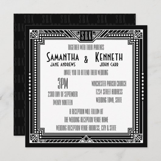 Invitation Noir et n'importe quelle couleur Grand Gatsby Mari (Devant / Derrière)