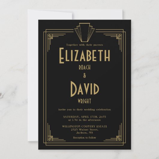 Invitation Noir et or 1920s Art Déco QR Code Mariage (Devant)