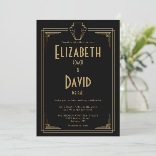Invitation Noir et or 1920s Art Déco QR Code Mariage (Debout devant)