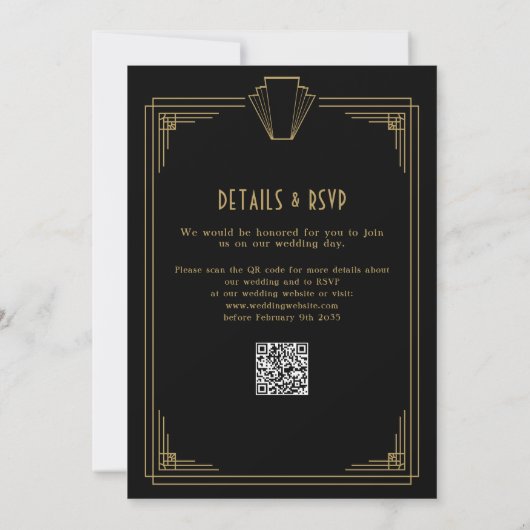 Invitation Noir et or 1920s Art Déco QR Code Mariage (Dos)