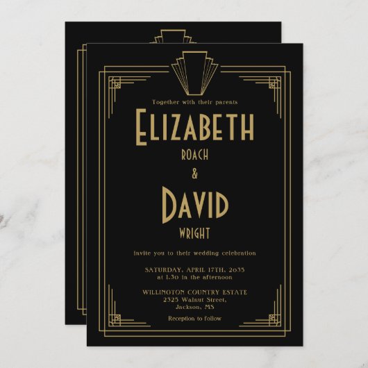 Invitation Noir et or 1920s Art Déco QR Code Mariage (Devant / Derrière)