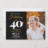 Invitation Noir et or | 40 et fabuleuse photo d'anniversaire (Devant)