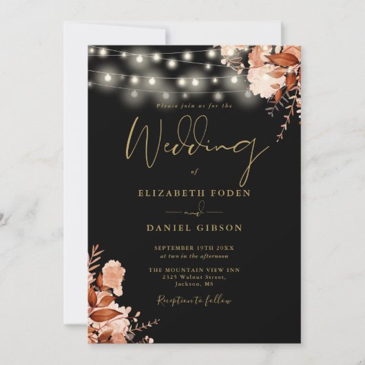 Invitation Noir Et Or Chaîne Lights QR Code Mariage de automn (Devant)