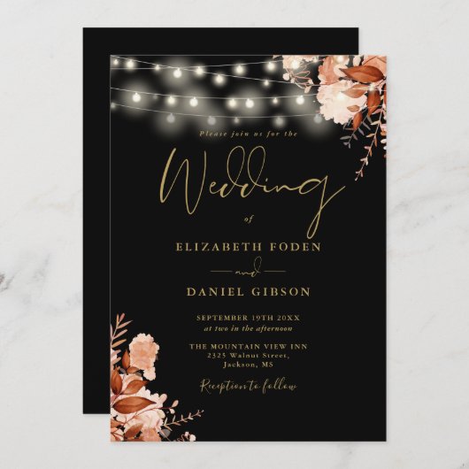 Invitation Noir Et Or Chaîne Lights QR Code Mariage de automn (Devant / Derrière)