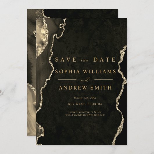 Invitation Noir et or Champagne Moderne Enregistrer la Date (Devant / Derrière)