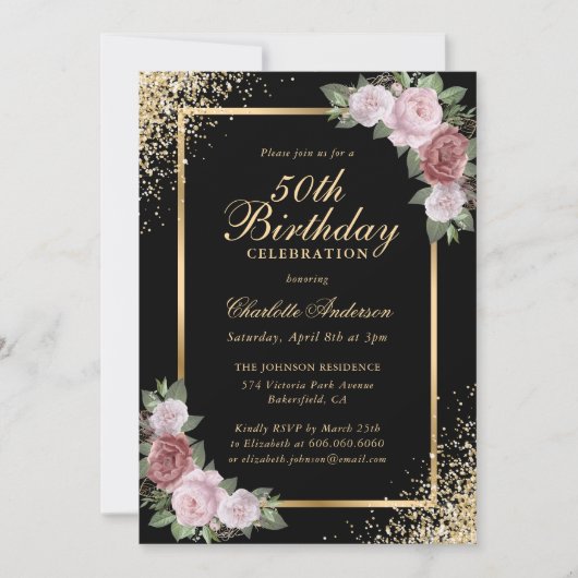 Invitation Noir et or Confetti Blush Floral 50e anniversaire (Devant)