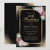 Invitation Noir et or Confetti Blush Floral 50e anniversaire (Devant / Derrière)